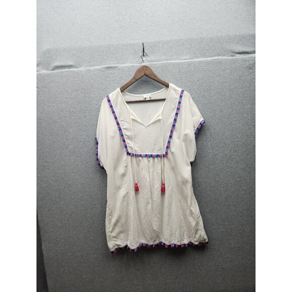 J.Crew White Beach Tunic Top With Colorful Fringe Trim & Tassel Ties L - Picture 1 of 6
